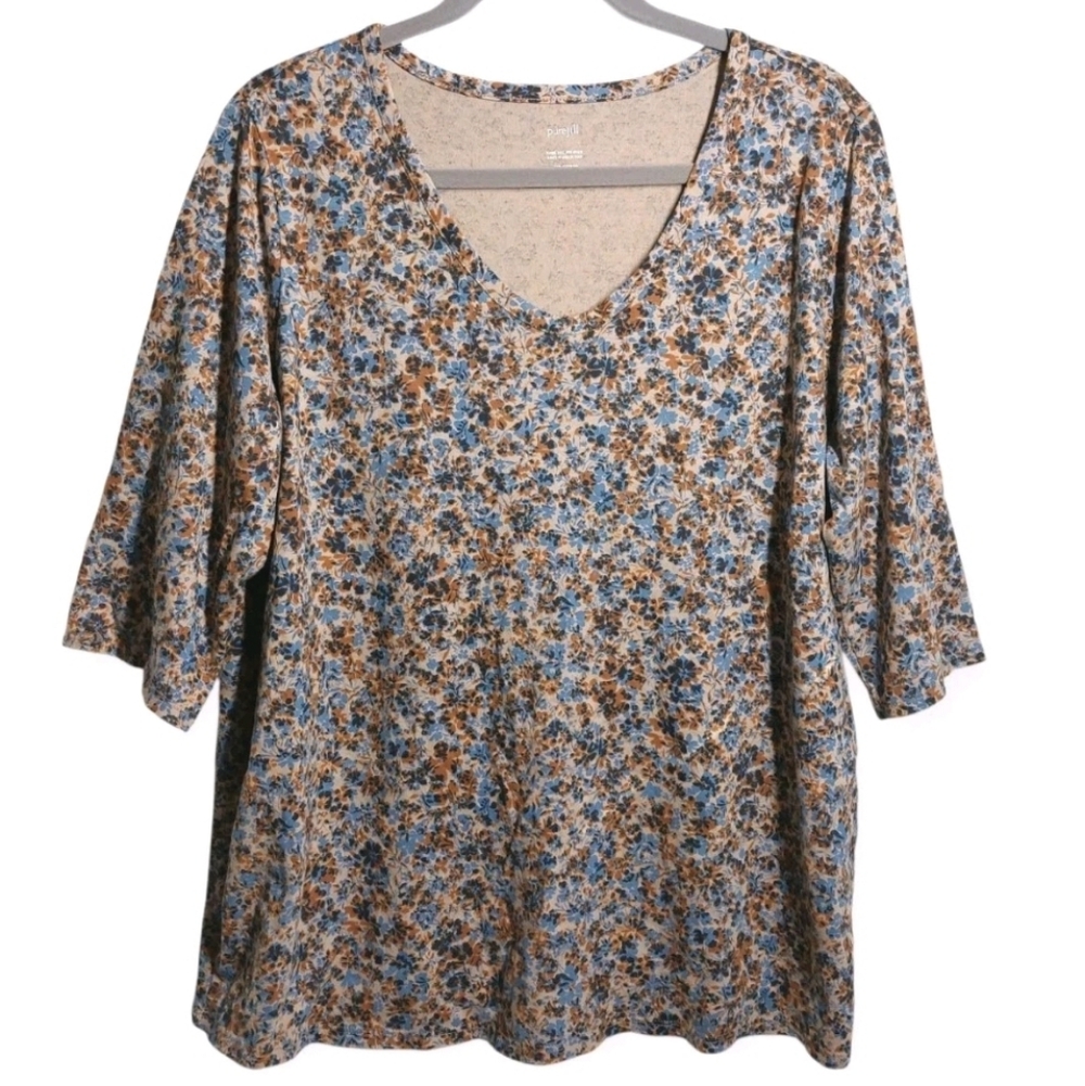Pure J Jill Floral Printed Soft V-neck Tunic Top Size XL Stretch 3/4 Sleeves